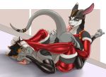  2019 anthro ass_up bdsm bondage bound clothed clothing costume digital_media_(artwork) domination dragon erection fur hair hi_res legwear linuell male male/male male_domination open_mouth oral paws penis rubber simple_background submissive tongue 