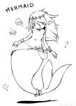  1girl asimofu breasts female long_hair mermaid midriff monochropme monster_girl navel original pointy_ears solo underboob underwater 