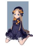  1girl abigail_williams_(fate/grand_order) bangs black_bow black_footwear black_headwear blonde_hair blue_background blue_eyes blush bow commentary_request dot_nose dress fate/grand_order fate_(series) hair_bow hat highres kairopoda long_hair long_sleeves orange_bow parted_bangs parted_lips polka_dot polka_dot_bow shoes simple_background sleeves_past_fingers sleeves_past_wrists solo two-tone_background very_long_hair white_background 