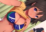  1girl bikini black_hair blush brazilian_flag breasts cleavage curtains dark_skin dutch_angle idolmaster idolmaster_cinderella_girls large_breasts lips looking_at_viewer medium_breasts natalia_(idolmaster) pettan_p purple_eyes reaching shirt shirt_lift short_hair smile solo swimsuit upper_body yellow_shirt 