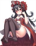  1girl anus_peek ass bangs black_choker black_hair black_legwear blush bonnet choker empty_eyes flat_chest flipped_hair full_body fur_trim hair_between_eyes hand_on_own_knee hand_up ilya_ornstein lambda_(kusowarota) long_hair looking_at_viewer no_shoes nose_blush open_mouth princess_connect! princess_connect!_re:dive pussy red_eyes showgirl_skirt simple_background solo thighhighs toes triangle_mouth white_background 