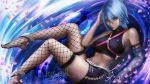  1girl adapted_costume anastasia_(asteltainn) aqua_(kingdom_hearts) artist_name blue_eyes blue_hair breasts cherry_blossoms commentary crop_top elbow_gloves feet_out_of_frame fingerless_gloves fishnet_legwear fishnets gloves hair_between_eyes highres kingdom_hearts looking_at_viewer medium_breasts midriff navel partially_submerged petals petals_on_liquid ripples short_hair shorts sideboob signature solo thighhighs water watermark 