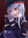  1girl @_@ bangs beret blunt_bangs blush breasts breathing facial_mark fingers_together german_flag girls_frontline gloves green_eyes hair_in_mouth hair_ornament hands_up hat hiruno hk416_(girls_frontline) jacket long_hair looking_at_hands open_mouth silver_hair solo teardrop upper_body very_long_hair yandere 