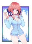  1girl absurdres bangs blue_cardigan blue_eyes blush breasts buttons cellphone chestnut_mouth cleavage collarbone collared_shirt cowboy_shot gluteal_fold go-toubun_no_hanayome hair_between_eyes hands_up headphones highres holding holding_headphones holding_phone large_breasts lebring long_hair looking_at_viewer nakano_miku no_pants panties parted_lips phone red_hair school_uniform shirt sidelocks solo standing thighs undershirt underwear white_panties white_shirt 