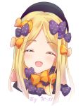  1girl :d abigail_williams_(fate/grand_order) absurdres artist_name bangs black_bow black_headwear black_neckwear blonde_hair blush bow commentary_request eyebrows_visible_through_hair eyes_closed face fate/grand_order fate_(series) happy hat highres looking_at_viewer multiple_boys open_mouth orange_bow orange_neckwear parted_bangs polka_dot polka_dot_bow simple_background smile solo w-t white_background 