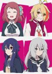  4girls ahoge alternate_hair_length alternate_hairstyle blonde_hair blue_eyes blue_hair commentary_request eyes_closed eyes_visible_through_hair grey_hair hair_over_one_eye hair_ribbon jacket konno_junko long_hair minamoto_sakura mizuno_ai multicolored_hair multiple_girls natsutarou neck_ribbon nikaidou_saki orange_eyes red_eyes red_hair ribbon school_uniform short_hair smile streaked_hair zombie_land_saga 