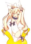  1girl :3 animal_ears armpits arms_up bare_shoulders blonde_hair blue_eyes bow bunny_ears bunny_girl bunny_pose bunny_tail bunnysuit covered_navel curly_hair full_body hair_bow leotard long_hair mayuzaki_yuu open_mouth original ribbon shoes smile solo strapless strapless_leotard tail thighhighs twintails white_footwear white_legwear white_leotard 