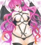  1girl breasts demon_girl demon_wings fang highres large_breasts long_hair multicolored_hair navel orange_eyes orange_hair original pink_hair restrained shibari smile solo succubus traditional_media two-tone_hair twobee very_long_hair wings 