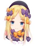  abigail_williams_(fate/grand_order) absurdres artist_name bangs black_bow black_headwear black_neckwear blonde_hair blue_eyes blush bow commentary_request eyebrows_visible_through_hair face fate/grand_order fate_(series) hat highres looking_at_viewer multiple_boys orange_bow orange_neckwear parted_bangs polka_dot polka_dot_bow simple_background w-t white_background 