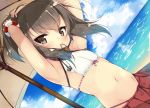  1girl adjusting_hair armpits arms_up beach beach_umbrella bikini_top brown_eyes brown_hair cloud flat_chest groin hair_tie kantai_collection mayuzaki_yuu mouth_hold navel ocean outdoors red_skirt short_hair sitting skirt sky solo taihou_(kantai_collection) tying_hair umbrella upper_body white_bikini_top wristband 