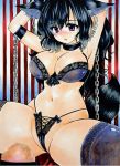  1girl animal_ears armpits arms_up black_bra black_hair black_legwear black_panties bra breasts cage chains cleavage highres lace large_breasts long_hair original panties red_eyes solo striped striped_background traditional_media twobee underwear vertical-striped_background vertical_stripes very_long_hair 
