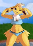  2019 abs anthro athletic clothed clothing digital_media_(artwork) eeveelution female flexing fur grumpy_griffin_creations_(artist) hair hi_res jolteon looking_at_viewer mohawk muscular muscular_female nintendo pok&eacute;mon pok&eacute;mon_(species) simple_background smile solo swimsuit thick_thighs video_games white_fur yellow_fur 