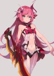  1girl :3 benghuai_xueyuan blue_eyes bow breasts center_opening character_request closed_mouth eyebrows eyebrows_visible_through_hair grey_background highres holding holding_weapon honkai_(series) honkai_impact_3 long_hair looking_at_viewer navel pink_hair rabbit_(tukenitian) red_bow simple_background small_breasts smile solo standing thick_eyebrows weapon 