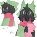  2019 4_fingers 9999gpera anthro black_fur blush book bovid caprine clothed clothing deltarune digital_media_(artwork) eyewear fur glasses goat hat horn japanese_text looking_at_viewer looking_away male mammal ralsei scarf simple_background smile solo standing text video_games white_background white_eyes wizard_hat young 