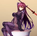  bodysuit breasts covered_navel cup_ramen emanon123 fate/grand_order fate_(series) gae_bolg gradient gradient_background hair_intakes highres holding holding_weapon impossible_bodysuit impossible_clothes large_breasts leotard long_hair looking_at_viewer pauldrons polearm purple_bodysuit purple_hair purple_leotard red_eyes scathach_(fate)_(all) scathach_(fate/grand_order) sholding shoulder_armor simple_background sitting smile solo spear weapon 