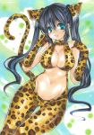  1girl absurdres animal_ears animal_print black_hair breasts cleavage green_eyes highres large_breasts leopard_ears leopard_print leopard_tail long_hair marker_(medium) navel original solo tail tareme traditional_media twintails twobee very_long_hair 