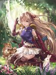  1girl arisa_(shadowverse) bangs belt blonde_hair blouse blush boots breasts brown_footwear bug bunny butterfly deer dress elbow_gloves elf eyebrows_visible_through_hair floating_hair gloves green_eyes hair_ribbon hand_up insect long_hair medium_breasts one_eye_closed pointy_ears purple_blouse purple_gloves red_ribbon ribbon shadowverse sidelocks sitting skirt sleeveless sleeveless_blouse sleeveless_dress smile solo thigh_boots thighhighs uanuan wariza white_dress wind 