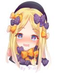  1girl abigail_williams_(fate/grand_order) absurdres artist_name bangs black_bow black_headwear black_neckwear blonde_hair blue_eyes blush bow commentary_request dot_nose eyebrows_visible_through_hair face fate/grand_order fate_(series) hat heart heart-shaped_pupils highres looking_at_viewer multiple_boys orange_bow orange_neckwear parted_bangs polka_dot polka_dot_bow red_heart simple_background solo symbol-shaped_pupils w-t white_background 