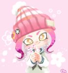  1girl :&gt; black_neckwear blue_sailor_collar bobblehat bright_pupils closed_mouth flower hat head_tilt holding holding_flower long_hair long_sleeves looking_at_viewer neckerchief octarian octoling pink_background pink_eyes pink_hair pink_headwear pom_pom_(clothes) sailor_collar school_uniform serafuku shirt solo splatoon splatoon_(series) splatoon_2 striped striped_hat suction_cups tentacle_hair white_pupils white_shirt yoshishi_(yosisitoho) 