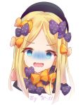  1girl @_@ abigail_williams_(fate/grand_order) absurdres artist_name bangs black_bow black_headwear black_neckwear blonde_hair blue_eyes bow commentary_request dot_nose eyebrows_visible_through_hair face fate/grand_order fate_(series) hat highres looking_at_viewer multiple_boys open_mouth orange_bow orange_neckwear parted_bangs polka_dot polka_dot_bow simple_background solo w-t wavy_mouth white_background 