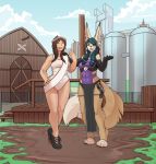  2018 anthro barefoot black_sclera bolgan breasts brown_hair canid canine clothing detailed_background duo farm female fennec footwear fox hair hi_res human looking_at_viewer lunate mammal outside shoes smile standing story story_in_description 