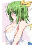  1girl bangs bare_shoulders blue_eyes blush breasts cleavage collarbone commentary daiyousei eyebrows_visible_through_hair fairy_wings green_hair hair_between_eyes hair_ribbon large_breasts nori_tamago nose_blush one_side_up pink_background ribbon short_hair simple_background solo tank_top touhou upper_body white_tank_top wings yellow_ribbon 