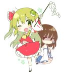  2girls ;o arm_up ascot bangs bare_shoulders black_eyes black_footwear black_hair blue_skirt chibi commentary_request cosplay costume_switch detached_sleeves eyebrows_visible_through_hair frog_hair_ornament gohei green_eyes green_hair hair_between_eyes hair_ornament hair_tubes hakurei_reimu hakurei_reimu_(cosplay) holding jitome kneehighs kochiya_sanae kochiya_sanae_(cosplay) long_hair long_sleeves looking_at_viewer midriff_peek multiple_girls one_eye_closed one_side_up open_mouth pentagram petticoat red_skirt ribbon-trimmed_sleeves ribbon_trim sarashi seiza shide shinoba shirt shoes sidelocks simple_background sitting skirt skirt_set snake_hair_ornament standing standing_on_one_leg touhou very_long_hair white_background white_legwear white_shirt wide_sleeves yellow_neckwear 