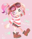  1girl ;) adjusting_eyewear ankle_boots arm_up black_shorts boots closed_mouth eyewear_on_head full_body leg_up octarian octoling one_eye_closed pink_background pink_eyes pink_hair ponytail red-framed_eyewear red_footwear shirt short_hair shorts sleeves_past_elbows smile solo splatoon splatoon_(series) splatoon_2 striped striped_shirt suction_cups sunglasses tentacle_hair yoshishi_(yosisitoho) 