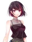  1girl bang_dream! bangs black_camisole black_hair bob_cut camisole choker collarbone commentary_request covered_navel crop_top eyebrows_visible_through_hair ito22oji mitake_ran multicolored_hair parted_lips purple_eyes red_hair short_hair solo spaghetti_strap streaked_hair upper_body white_background 