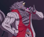  abs bathym belt broken_(artist) candy canid canine canis clothing demon food fur hi_res horn lollipop male mammal pubes purple_fur solo suit tokyo_afterschool_summoners tongue video_games wolf 