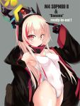  1girl black_coat blonde_hair blush breasts character_name competition_swimsuit cowboy_shot eila_yagyu erect_nipples girls_frontline grey_background headgear highres hood hooded_coat hoodie long_hair looking_at_viewer m4_sopmod_ii_(girls_frontline) mechanical_arm medium_breasts multicolored_hair one-piece_swimsuit pointing prosthesis prosthetic_arm red_eyes red_hair simple_background solo standing streaked_hair swimsuit white_swimsuit zipper 