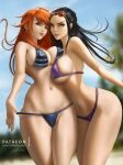  2girls adjusting_clothes adjusting_swimsuit bangs bikini black_hair blue_eyes blurry breasts brown_eyes cleavage cowboy_shot depth_of_field eyewear_on_head large_breasts lolliedrop long_hair multiple_girls nami_(one_piece) navel nico_robin one_piece orange_hair purple_bikini standing striped striped_bikini sunglasses swimsuit underboob watermark 