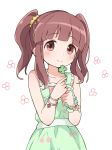  1girl bangle bare_shoulders blush bracelet brown_eyes brown_hair closed_mouth clover collarbone ddak5843 dress four-leaf_clover green_dress green_scrunchie hair_ornament hair_scrunchie hands_up holding idolmaster idolmaster_cinderella_girls jewelry ogata_chieri scrunchie simple_background sleeveless sleeveless_dress smile solo twintails white_background wrist_scrunchie yellow_scrunchie 