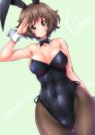  1girl akiyama_yukari animal_ears bangs bare_shoulders black_leotard blue_background blush breasts breasts_apart brown_eyes brown_hair bunny_ears bunny_girl bunnysuit character_name closed_mouth commentary_request covered_navel cowboy_shot detached_collar fake_animal_ears girls_und_panzer hair_between_eyes impossible_clothes impossible_leotard kamogawa_tanuki large_breasts legs_together leotard looking_at_viewer messy_hair pantyhose salute shiny shiny_clothes shiny_hair shiny_skin short_hair simple_background smile solo strapless strapless_leotard thighs wrist_cuffs 