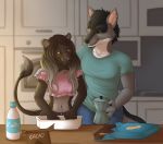  absurd_res anthro bake cake canid canine canis cooking couple_(disambiguation) felid food hi_res invalid_color invalid_tag kitchen lion love mammal pantherine table tiramisu wolf 