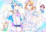  1girl 3boys ;) aisaki_masato blue_eyes blue_hair bob_cut bow cure_infini cure_waffle earrings gloves hair_ornament heart hugtto!_precure jewelry kirakira_precure_a_la_mode long_hair looking_at_viewer magical_boy male_focus multiple_boys one_eye_closed outstretched_hand parari_(parari000) pikario_(precure) precure purple_eyes smile sparkle spoilers wakamiya_henri white_gloves wing_hair_ornament wings 