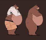  anthro barefoot belly belly_overhang big_belly brown_background brown_bear brown_fur clothed clothing fur hand_on_stomach love_handles male mammal midriff multiple_poses nude obese obese_male onefetishtoomany overweight overweight_male pose simple_background solo standing thick_thighs ursid ursine 