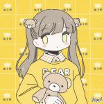  1girl bangs bear_hair_ornament blush brown_hair collared_shirt eyebrows_visible_through_hair hair_ornament long_sleeves no_nose noeru_(noellemonade) original plaid plaid_shirt print_sweater shirt signature solo stuffed_animal stuffed_toy sweater teddy_bear twintails upper_body yellow_eyes yellow_sweater yellow_theme 