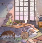  2girls animal bangs book brown_hair calendar_(object) cat clothes_hanger curtains dog eyes_closed food fruit green_eyes heikala highres indoors kettle long_sleeves lying medium_hair multiple_girls no_nose on_side orange original pillow rug scissors sitting sleeping steam window 