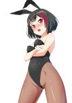  1girl animal_ears bang_dream! black_hair black_leotard blush bob_cut breasts brown_legwear bunny_ears bunny_tail bunnysuit cowboy_shot crossed_arms from_below highres leotard looking_at_viewer mitake_ran multicolored_hair open_mouth pantyhose red_eyes red_hair sakamata short_hair simple_background small_breasts solo strapless strapless_leotard streaked_hair tail white_background wrist_cuffs 