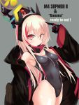  1girl black_coat black_swimsuit blonde_hair blush breasts character_name competition_swimsuit cowboy_shot eila_yagyu girls_frontline grey_background headgear highres hood hooded_coat hoodie long_hair looking_at_viewer m4_sopmod_ii_(girls_frontline) mechanical_arm medium_breasts multicolored_hair one-piece_swimsuit pointing prosthesis prosthetic_arm red_eyes red_hair simple_background solo standing streaked_hair swimsuit 