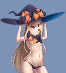  1girl abigail_williams_(fate/grand_order) absurdres black_headwear black_panties blonde_hair blue_background bow breasts commentary_request fate/grand_order fate_(series) hand_on_headwear hat hat_bow highres kairopoda keyhole long_hair looking_at_viewer navel orange_bow panties polka_dot polka_dot_bow red_eyes simple_background small_breasts smile solo stuffed_animal stuffed_toy teddy_bear topless underwear underwear_only very_long_hair witch_hat 