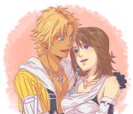  1girl blonde_hair blue_eyes breasts brown_hair cleavage commentary_request detached_sleeves final_fantasy final_fantasy_x gloves green_eyes hair_ornament heterochromia jewelry medium_hair necklace smile solo tidus yuna 