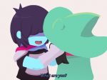  armor blue_skin bovid caprine deltarune english_text goat hat horn human kris_(deltarune) mammal meme ralsei scarf scottcok text video_games 