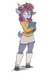  absa anthro beezii black_nose blush book bovid breasts caprine clothed clothing eyewear felid female fur glasses goat hair hi_res legwear lovers_of_aether mammal pink_hair purple_fur rivals_of_aether simple_background solo standing sweater video_games white_background 