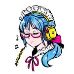  1girl akairiot bangs beamed_eighth_notes blue_hair bow eighth_note eyes_closed glasses hair_bow headphones long_hair maid maid_headdress mole mole_under_eye musical_note original pink-framed_eyewear pink_bow ponytail portrait simple_background smile solo white_background 