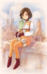  1girl bodysuit breasts brown_eyes brown_hair castle choker commentary_request final_fantasy final_fantasy_ix full_body garnet_til_alexandros_xvii gloves groin jewelry latex looking_at_viewer ma-hain-scarlet necklace orange_bodysuit parted_lips short_hair sitting small_breasts smile solo staff town weapon 