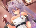 1girl azur_lane bangs bare_shoulders blush breasts cleavage commentary_request double-breasted eyebrows_visible_through_hair fingerless_gloves gloves grenville_(azur_lane) hair_between_eyes indoors large_breasts long_hair looking_at_viewer mimikaki multicolored_hair one_side_up pov purple_hair red_eyes short_sleeves smile solo streaked_hair tonchinkan very_long_hair 