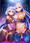  2girls armor bangs bare_shoulders bikini_armor blush breasts carbon12th closed_mouth detached_sleeves dress dual_persona earrings fate/grand_order fate_(series) hair_ribbon hand_holding highres interlocked_fingers jewelry kama_(fate/grand_order) kneeling large_breasts long_hair looking_at_viewer multiple_girls navel purple_dress red_eyes ribbon short_hair silver_hair small_breasts smile solo thighs 