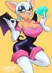  2019 anthro black_nose blue_eyes breasts chaos_emerald chiropteran cleavage clothed clothing colo eyelashes eyeshadow female fur grin hair hi_res holding_object makeup mammal rouge_the_bat signature simple_background smile solo sonic_(series) video_games white_fur white_hair wings 